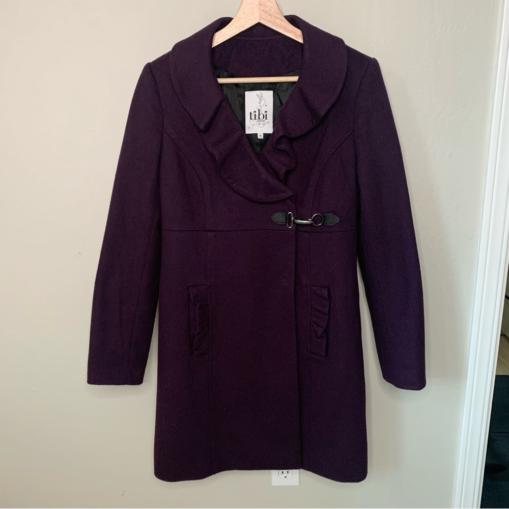 TIBI Wool Eggplant Plum Coat With Ruffle Detail and Toggle Closure Size 6 - Picture 13 of 16